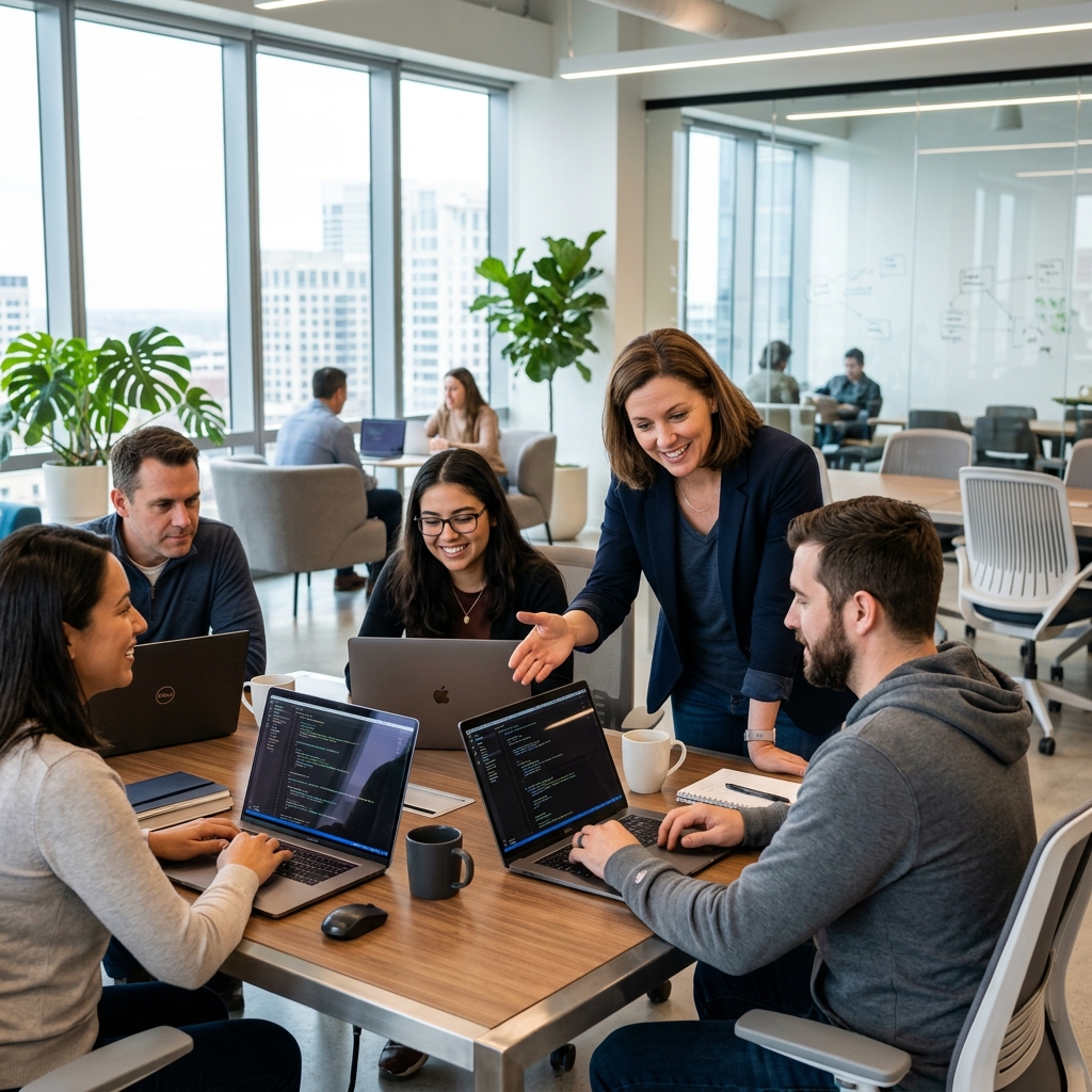 Professional instructor guiding a group of adult learners in a digital learning environment